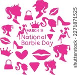 March 9 is National Barbie Day Vector illustration.