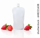 Small photo of Strawberry jiggle gel with fruits Isolated on white background with shadow reflection. Strawberry fruit pouch for kids. Fruit packet for babies with fresh strawberries next to.