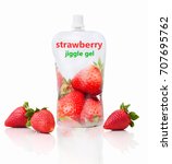 Small photo of Strawberry jiggle gel with "strawberry jiggle gel" writing. Isolated on white background with shadow reflection. Strawberry fruit pouch for kids. Fruit packet for babies with fresh strawberries.