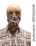 Small photo of featureless maniquin with matching print shirt and mask isolated on white.