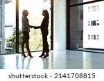 Small photo of Lets get started and make some great things happen together. Shot of two businesspeople shaking hands in an office.
