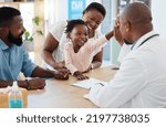 Small photo of High five, doctor and family with a girl and her parents at the hospital for consulting, appointment and healthcare. Medicine, trust and support in a medical clinic with a health professional