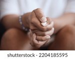 Small photo of Mental health, depression and nervous hands in lap during therapy. Anxiety, addiction and recovery, support in rehab or professional care. Breakup, divorce or heartbreak, woman with emotional trauma.