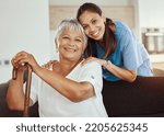 Small photo of Healthcare, homecare and nurse with grandma to support her in retirement, medical and old age. Caregiver, volunteer and trust of a social worker helping senior woman with demantia or alzheimer