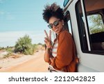 Travel, van and woman with peace hand sign on road trip in Mexico, happy, relax and smile. Summer, nature and journey in a countryside with a black woman excited about adventure and hipster lifestyle