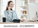 Small photo of Telephone, computer and business woman in office, talking or conversation. Landline, receptionist and happy female from Canada in phone call, discussion or work call on desk in company workplace.