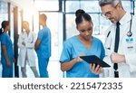 Small photo of Doctor, student and hospital training on tablet with advice and wisdom from medical professional. Healthcare, mentor and management of patient record online insight with senior medicare expert.