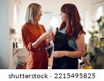 Small photo of Hairdresser, hair product and women in salon, beautician help client, beauty and haircare business. Discussion about shampoo, professional stylist and friendly, grooming and cosmetology service.