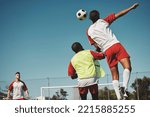 Small photo of Sports game fitness, soccer jump and athlete play competition for exercise, workout or training for body health. Rival, team and street football for practice, wellness and cardio with mockup blue sky