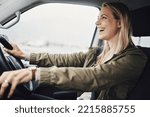 Travel, car driver and woman excited, having fun and enjoy speed transportation, fast suv or road trip journey. Van, freedom smile and happy adrenaline girl driving automobile with crazy high energy