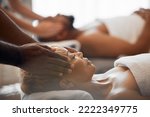 Small photo of Spa, wellness massage and relax couple at luxury beauty salon for body healthcare, facial treatment or stress relief. Zen peace, calm mindset or chakra energy healing for black woman, man or customer