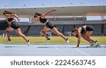 Small photo of Athlete, running sequence or fitness training, stadium track exercise or workout race for marathon, competition or sports event. Runner, woman or sprinting speed composite in energy, power or arena