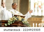 Small photo of Pastor, preach and in church smile, bible and talking with pride, confidence and happy with altar. Blessing, worship or spiritual leader for faith, happiness or joy for gospel, leadership or religion