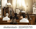 Priest, pastor and spiritual man in church sermon, prayer and speech to catholic people, worship and bible reading, praying or service. Christian preacher man, holy gospel and God, religion and faith