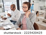 Call center, support and worker consulting, talking and giving customer service online for telemarketing. Crm, contact us and happy employee in technical support at a corporate communication agency