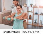 Small photo of Physiotherapy, exercise and dumbbells with a man therapist and woman client in a rehabilitation session. Fitness, health and consulting with a female patient in recovery training with a male physio