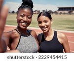 Small photo of Friends, selfie and running with women on stadium track for training, sprinting and stamina endurance. Cardio, workout and sports with portrait of runner for teamwork, collaboration and sprinting