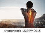 Small photo of Spine injury, skeleton and back pain of fitness woman on mountains with sky background for sports exercise. Athlete, backache and red body bones for first aid emergency, joint pain and muscle anatomy