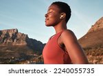 Small photo of Calm black woman, outdoor fitness and breathing in nature, Cape Town mountains and meditation of motivation, health or relax mindset. Female athlete, breathe and workout peace for zen sports wellness