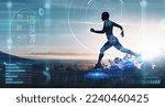 Small photo of Hologram, athlete and running for wellness, exercise for healthy lifestyle and track heart rate. Male, futuristic and runner with digital sports, double exposure for marathon and fitness training.