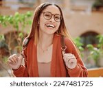 Small photo of Happy, woman and student with education and portrait university and backpack, scholarship and outdoor with learning and study. College student, freedom and academic growth, glasses and geek outdoor