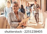 Education clipboard, students and portrait of teacher happy on college campus for coaching, teaching and learning. Knowledge study, high school principal or university professor with daily checklist