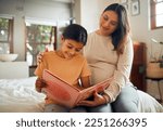 Small photo of Pregnant mother reading to child for learning, language and home development help, support and bonding. Family, Indian people or mom and kid with storytelling book and creative education or teaching