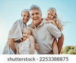 Small photo of Portrait, children or senior piggy back in nature park bonding, home garden or house backyard in trust or support. Smile, happy or laughing grandparents carrying kids in low angle fun or summer break