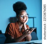 Small photo of Business, black woman and phone call on speaker, stress and concerned look in modern office. African American female employee, entrepreneur and agent with smartphone, disconnected and mental health