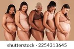 Small photo of Happy women, body or holding pregnancy stomach in support line, solidarity or community diversity on studio background. Pregnant, friends or mothers underwear for belly growth or healthcare wellness
