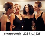 Small photo of Happy, funny or friends hug in a party in celebration of goals or new year at a luxury womens social event. Smile, girls night or people speaking, talking or bonding at dinner gala laughing at gossip