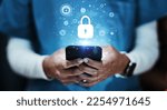 Small photo of Nurse, hands or phone for medical cybersecurity lock, life insurance or healthcare data safety on internet. Zoom, doctor or futuristic hologram on mobile technology for night medical or woman support