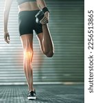 Small photo of Woman, stretching legs and knee injury in gym with joint pain with 3d overlay for wellness training. Fitness expert, x ray hologram for workout, exercise or health for performance with hurt muscle