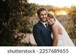 Small photo of Love, couple and outdoor for wedding day, smile and celebration with romance, loving and bonding. Romantic, man and happy woman with achievement, marriage and countryside for party and commitment