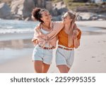Small photo of Couple on beach, lesbian and happy with travel, gay women hug outdoor with adventure and freedom to love by ocean. Interracial relationship, holiday in Australia and lgbtq with commitment happiness