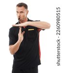 Small photo of Sports, timeout and man referee in studio blowing a whistle for soccer match or training. Fitness, rules and mature male coach with hand football gesture or sign language isolated by white background