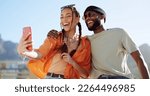 Small photo of Couple, bonding and phone selfie on city building rooftop on New York summer holiday, travel vacation date or social media memory. Smile, happy or black man and woman on mobile photography technology