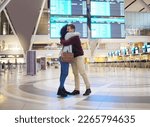 Small photo of Couple, hug and goodbye at airport for travel, trip or flight in farewell for long distance relationship. Man and woman hugging before traveling, departure or immigration arrival waiting for airline