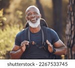 Small photo of Senior black man hiking in nature for outdoor discovery, fitness walking and forest travel journey. Happy hiker person trekking in woods for retirement health, cardio wellness and camper holiday