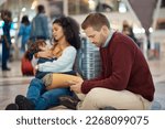 Small photo of Phone, tired and interracial family waiting at the airport for a delayed flight. Contact, late and man on a mobile app with a black woman and child sleeping during problems with travel on a trip