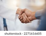 Small photo of Doctor, patient and handshake in hospital thank you, welcome or greeting for medicine trust, help or medical consulting. Zoom, black man and shaking hands with pharmacy worker or healthcare employee