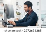Small photo of Laptop, office administration and business man typing on finance spreadsheet, bank software or financial accounting. Bookkeeping data, management profile and consultant problem solving payroll system