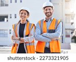 Small photo of Proud portrait of engineering people in outdoor, construction site, development or project management mindset. Architecture, contractor or builder woman and partner in building or industry leadership