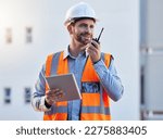 Small photo of Walkie talkie of construction worker man for project management, planning or communication on tablet workflow. Architecture, contractor or happy engineering person with 5g tech for industrial update