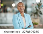Small photo of Agency, office portrait and happy black woman, business leader or worker confident for startup company mission. Management, corporate person and African female, bank admin or professional consultant
