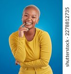 Small photo of Portrait, happy and black woman in studio smile, cheerful and laughing on mockup, space or blue background. Face, joy and female laugh, joke and silly humor, carefree and having fun while isolated