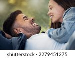 Couple are happy together, smile and relax outdoor, love and care with trust in relationship and commitment. Happiness, support and freedom with man and woman, romance and partnership with bonding
