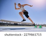 Small photo of Woman runner, running and training on track, workout and exercise for race, marathon and sport in stadium. Speed, sports and fitness athlete with cardio, sprinter and run fast for competition