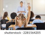 Small photo of Education, back and a child raising hand in class for a question, answer or vote at school. Teaching, academic and a student asking a teacher questions while learning, volunteering or voting