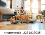 Small photo of Cat, fitness or happy woman in yoga stretching legs for body flexibility, wellness or healthy lifestyle. Kitten, pet animal or zen girl in exercise, workout or training warm up in house exercising